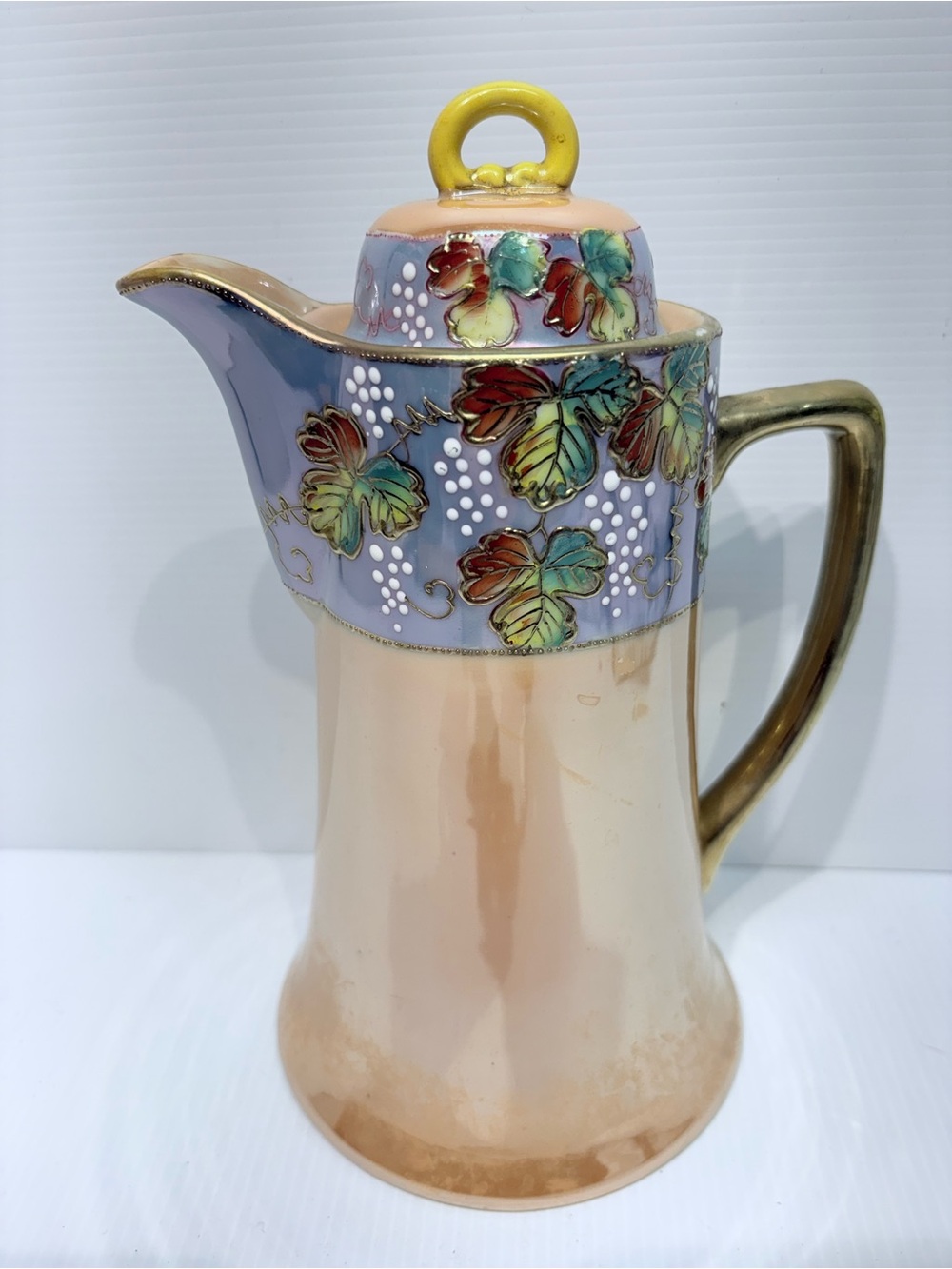 Vintage Japanese Lusterware Teapot in Peach & Lavender Hand-Painted Leaves